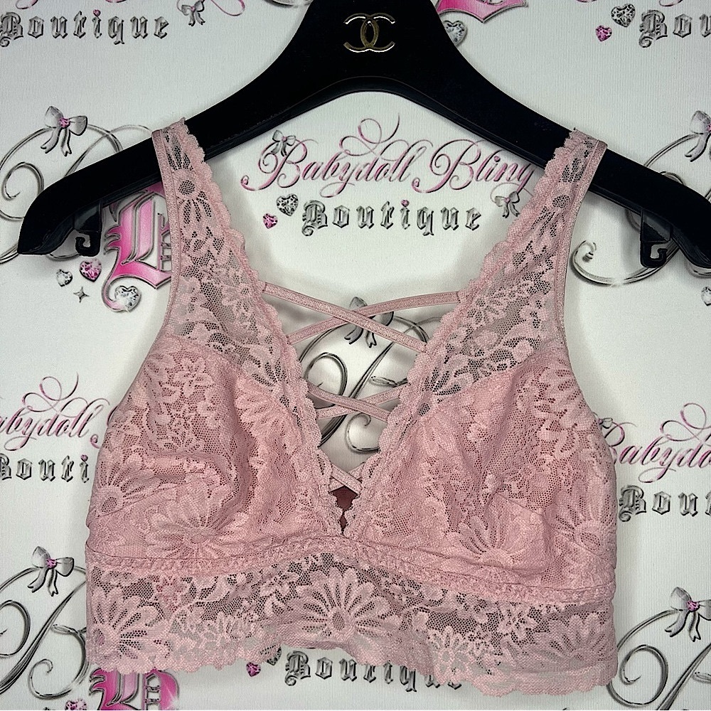 Victoria secret pink bra lace pink strappy corset lace up style front stretchy